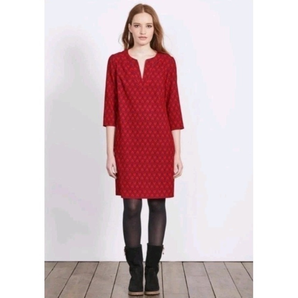 Boden Easy Notch Mini Shift Dress Sz 8 R Leaf‎ Print Tunic Casual Red Stretch